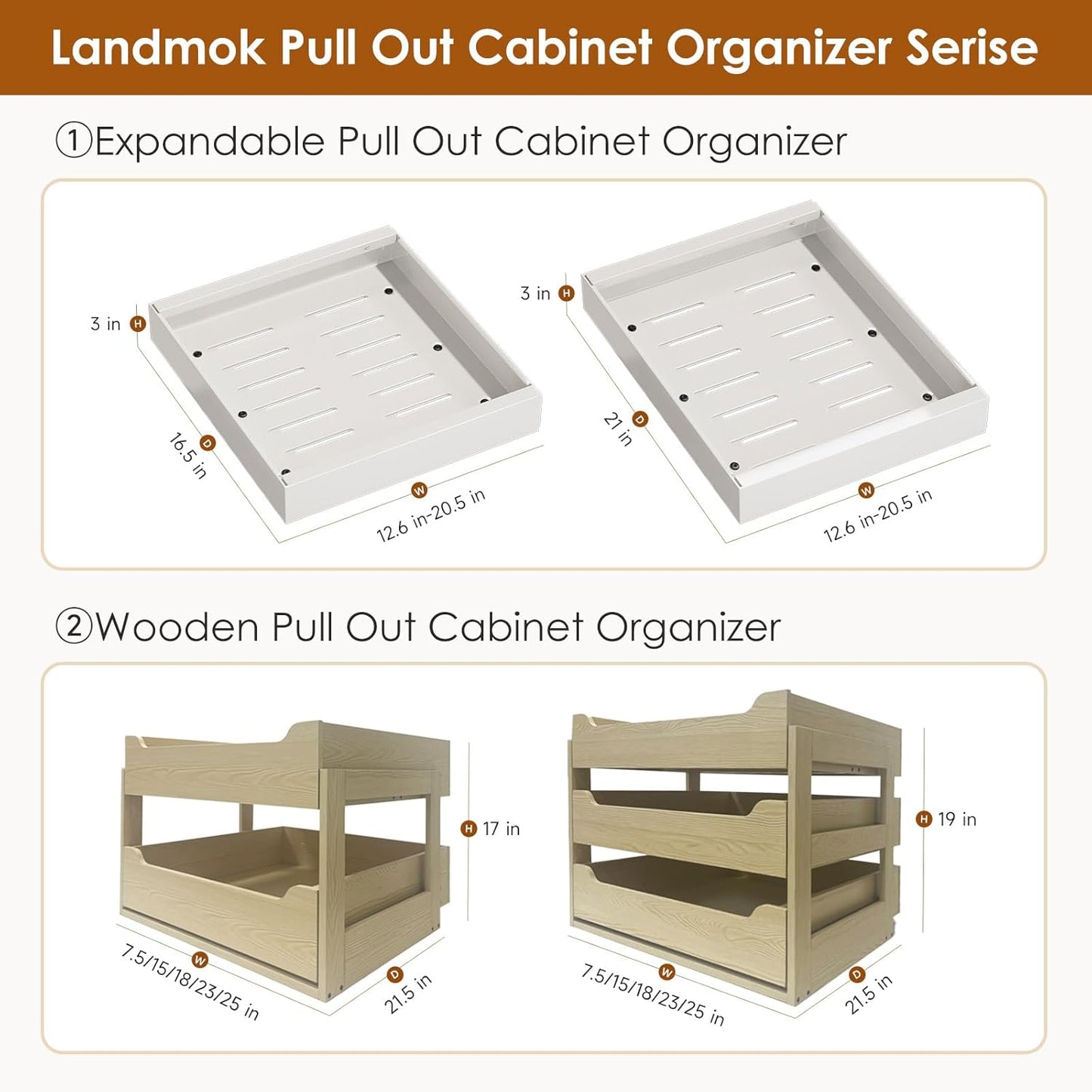 1 Pack Expandable Pull Out Cabinet Organizer 21" Deep, Adjustable Width 12.6"-20.5", No Drill Adhesive with Triple Track Rails, Heavy Duty Slide Out Drawers for Kitchen, Pantry, Cabinets,White