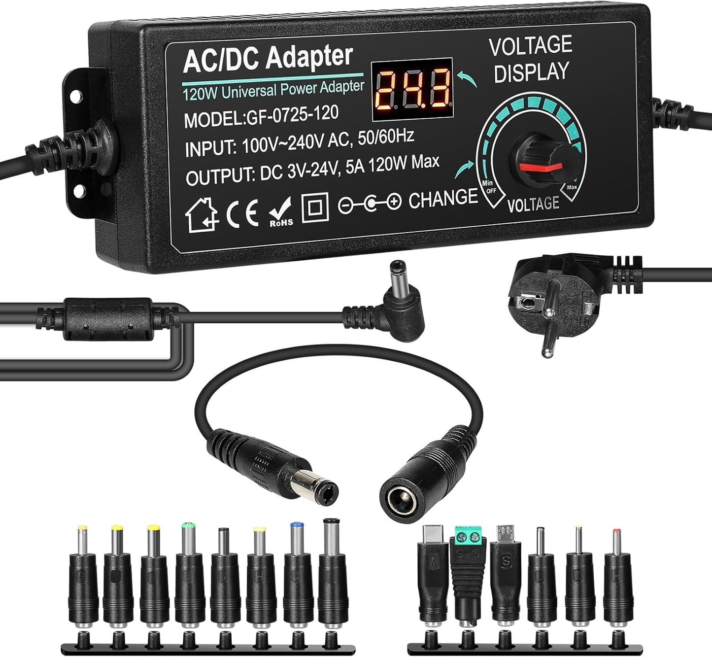 Jadeshay Adjustable Power Adapter 3 V-24 V 5 A 120 W Universal Adapter 100 V-240 V AC to DC with LED Display, Power Adapter Converter for Home Electronics