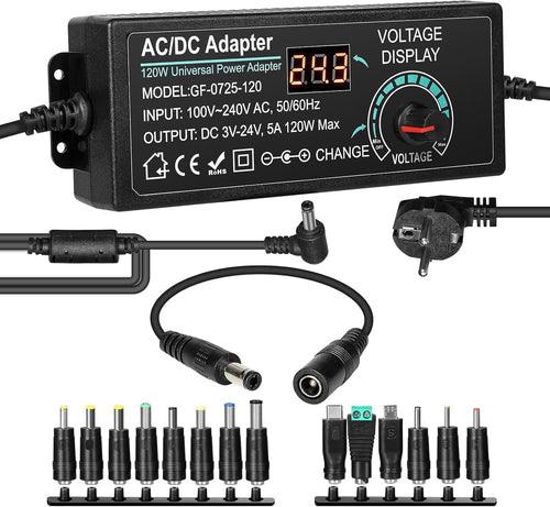Jadeshay Adjustable Power Adapter 3 V-24 V 5 A 120 W Universal Adapter 100 V-240 V AC to DC with LED Display, Power Adapter Converter for Home Electronics