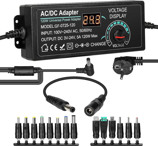 Jadeshay Adjustable Power Adapter 3 V-24 V 5 A 120 W Universal Adapter 100 V-240 V AC to DC with LED Display, Power Adapter Converter for Home Electronics