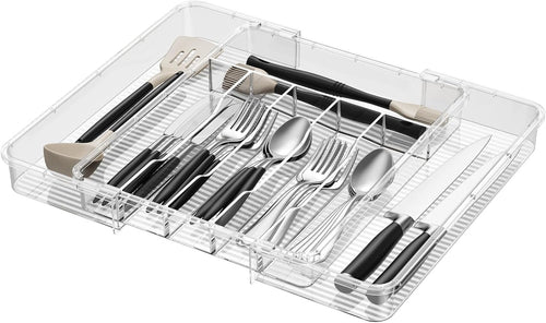Lifewit Silverware Organizer for Kitchen Drawer, Clear Expandable Utensil Tray for Spoons Forks Knives, Adjustable Flatware Cutlery Holder Storage, Large