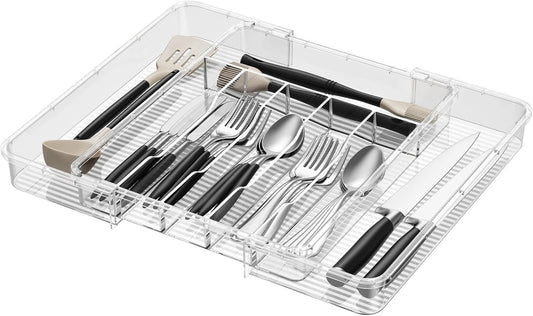 Lifewit Silverware Organizer for Kitchen Drawer, Clear Expandable Utensil Tray for Spoons Forks Knives, Adjustable Flatware Cutlery Holder Storage, Large