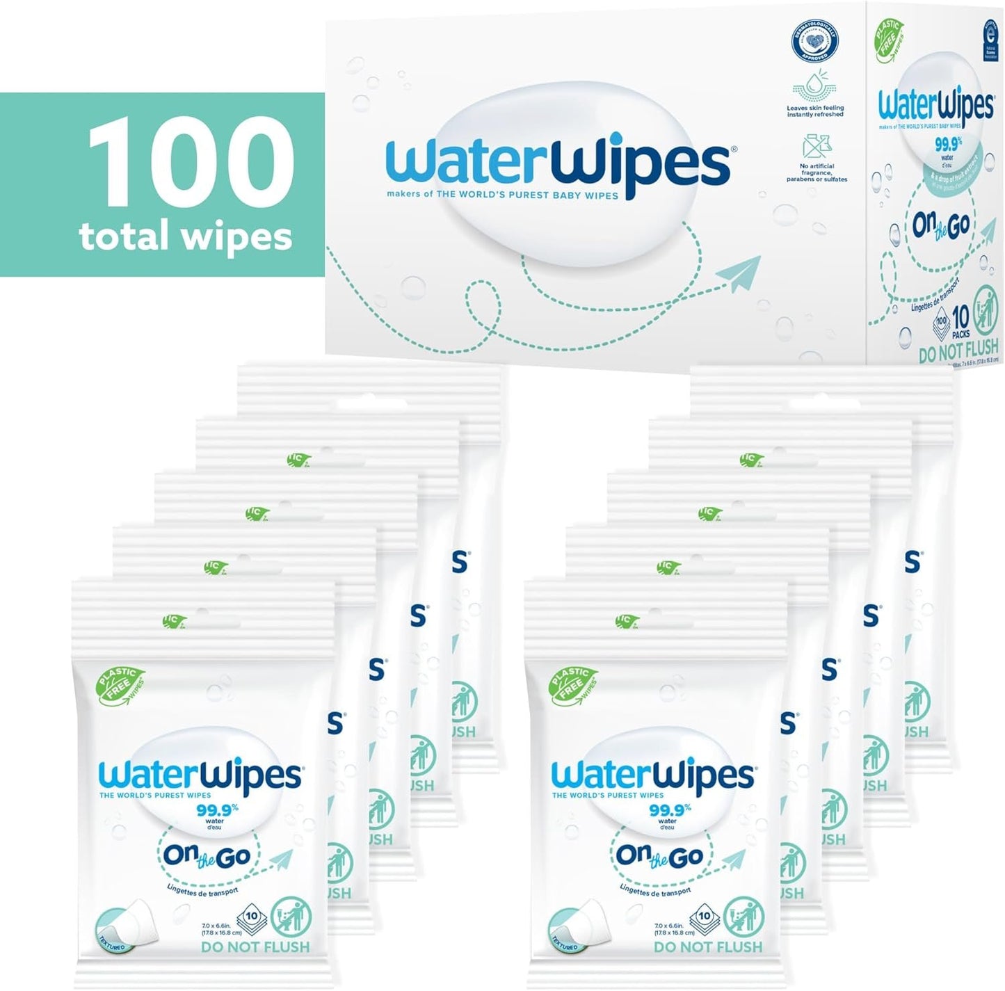 WaterWipes On The Go Wipes, 99.9% Water-Based Wipes for Travel, Sports, and to Refresh Skin, Unscented & Hypoallergenic, 100 Count (10 Packs)