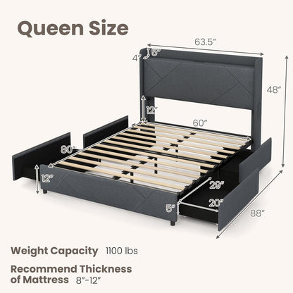 Giantex Queen Bed Frame with 4 Storage Drawers & LED Lights, Upholstered Platform Bed with Wingback Headboard & Charging Station, Wooden Slats, Easy Assembly, Grey (Queen)