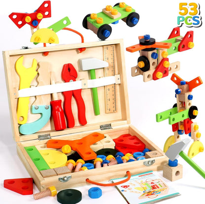 Montessori Construction Toys for 3 4 5 Year Old Boys Wooden Kids Tool Building Set Toddler Toy Box Pretend Play Stem Toy Fine Motor 3 4 5 Year Old Boys Girls Christmas Birthday Gift