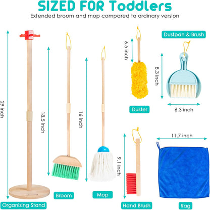 HELLOWOOD Kids Cleaning Set, 8 pcs Housekeeping Pretend Play Set Includes Broom Mop Duster Dustpan Brushes Rag and Organizing Stand, Cleaning Toys for Toddlers Girls Boys Age 3-6, Real Beech Wood