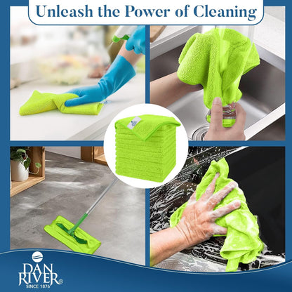 Dan River Micro Fiber Cloth for Cleaning Car - 12 Pack (12"x12") Ultra Absorbent, Lint-Free Microfiber Towel, Kitchen Rags, House Cleaning Towels, and Microfiber Washcloth - Green