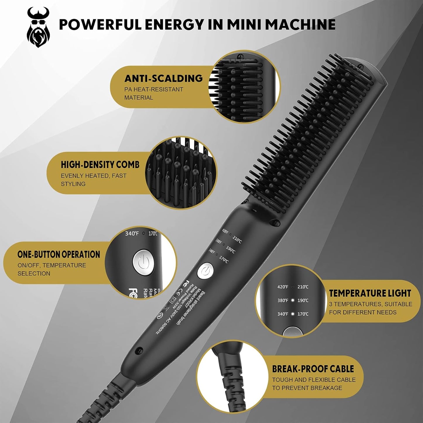 VIKICON Men's Beard Straightener, Mini Styler Straightening Brush for Hair Professional Beard, Electric Comb Heated Quick Ionic/Anti-Scald for Styling Long and Short Beard