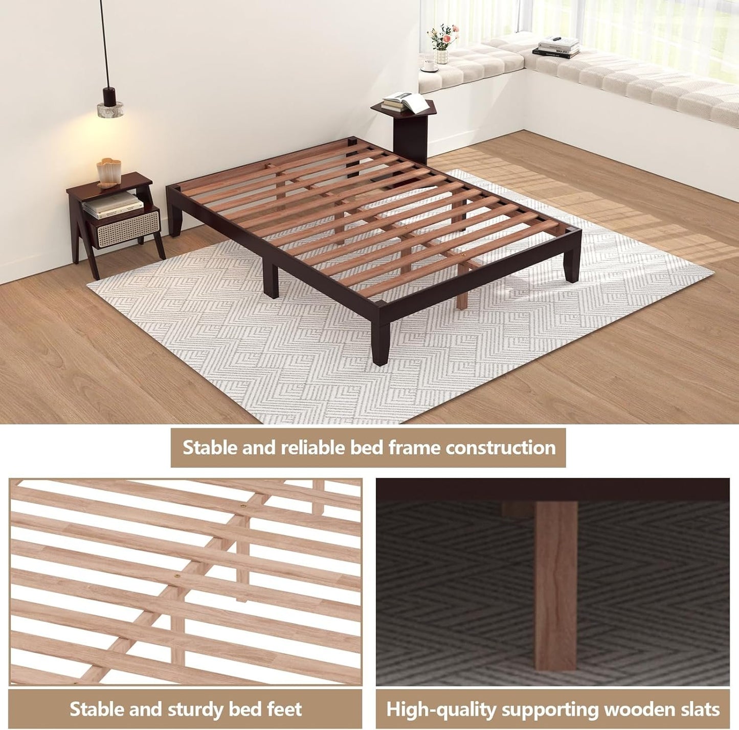 Full Bed Frames, Wooden Bed Frames, Heavy Duty Wooden Slat Support, Basic Assembly, No Box Spring, Modern Minimalist Design, Without Headboard (Cherry Full)