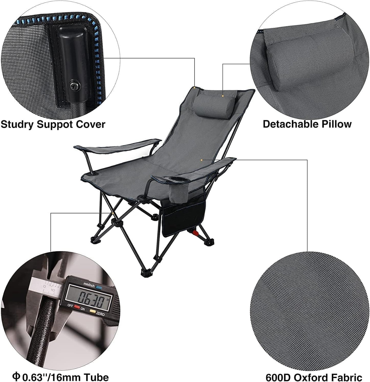 Dsocool Camping Chair Foldable Beach Chairs Adjustable High Back Lawn Chair Recliner Support 120KG with Cup Holder Pocket Carry Bag for Adult Outdoor Picnic Travel Fishing with Foot Pad (Grey)