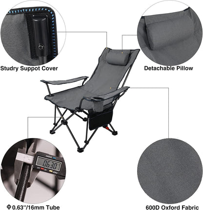 Dsocool Camping Chair Foldable Beach Chairs Adjustable High Back Lawn Chair Recliner Support 120KG with Cup Holder Pocket Carry Bag for Adult Outdoor Picnic Travel Fishing with Foot Pad (Grey)