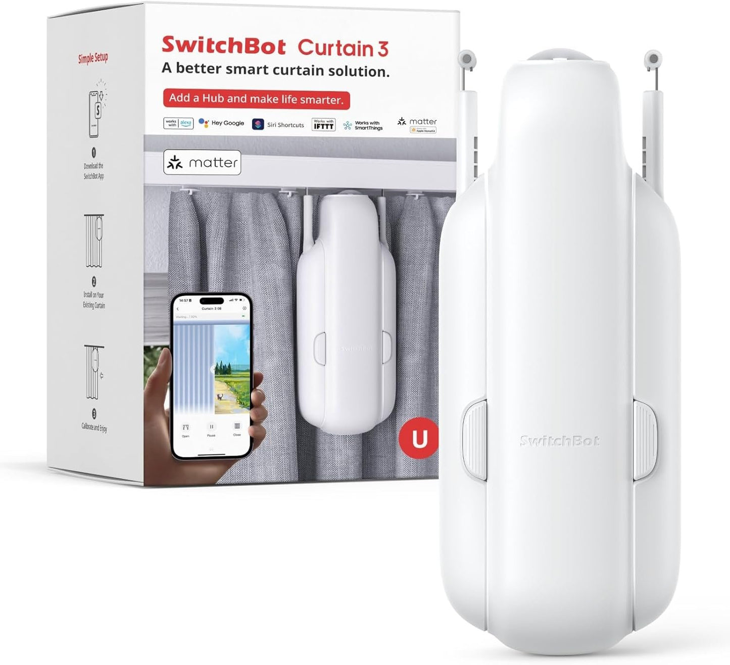 SwitchBot Smart Automatic Curtain Opener - Bluetooth Remote Control with App/Timer, Upgraded Performance Motor, Add SwitchBot Hub to Make it Work with Alexa, Google Home, HomeKit(Curtain 3, U Rail)