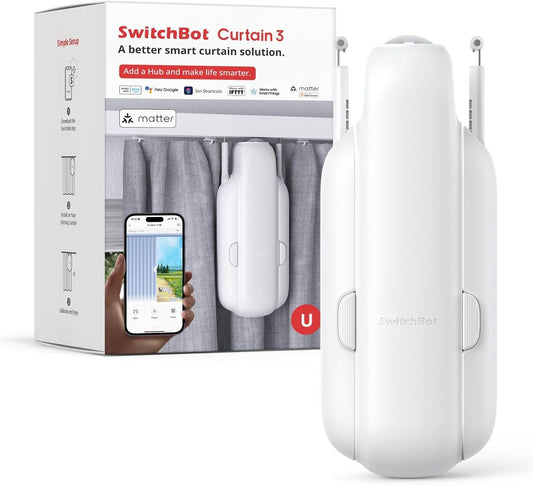 SwitchBot Smart Automatic Curtain Opener - Bluetooth Remote Control with App/Timer, Upgraded Performance Motor, Add SwitchBot Hub to Make it Work with Alexa, Google Home, HomeKit(Curtain 3, U Rail)