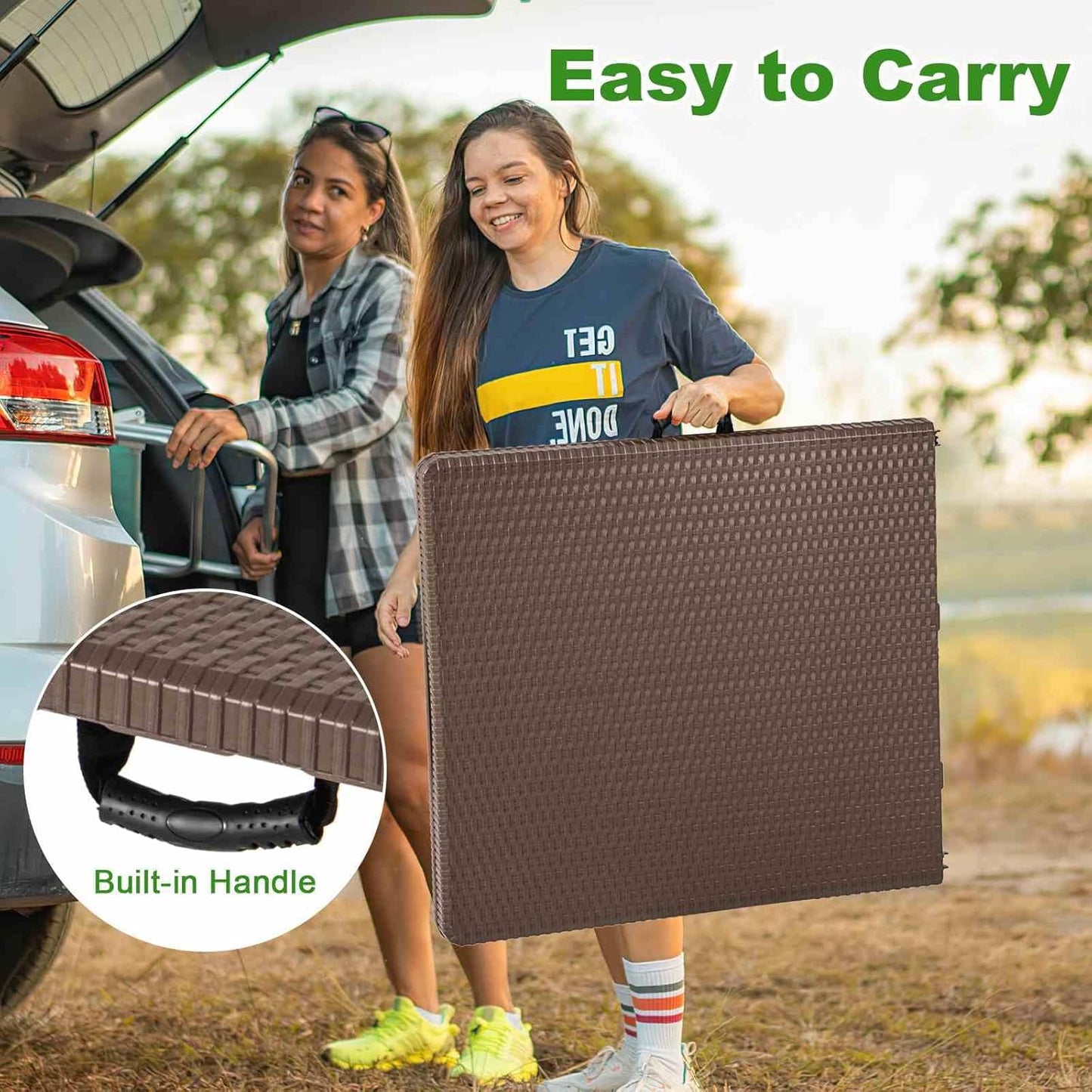 Costway 1.5m Folding Picnic Table, Outdoor Dining Table w/Rattan Grain HDPE Tabletop, Sturdy Metal Fame, Non-Slip Foot Pads, 4-6 Person Camping Table for Patio Garden Deck Yard