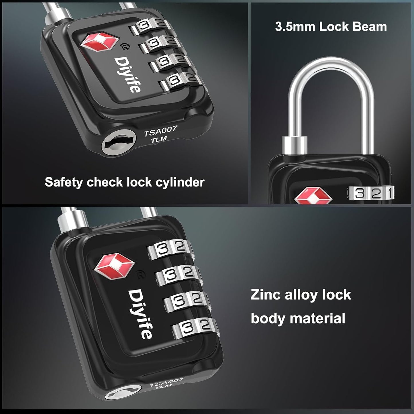 Diyife TSA Luggage Locks, [Updated Version] 4-Digit Security Padlock, [2 Packs] Resettable Zinc Alloy Small Combination Padlocks, Mini Code Lock for Travel Suitcases Luggage Bagpack Case (Black)