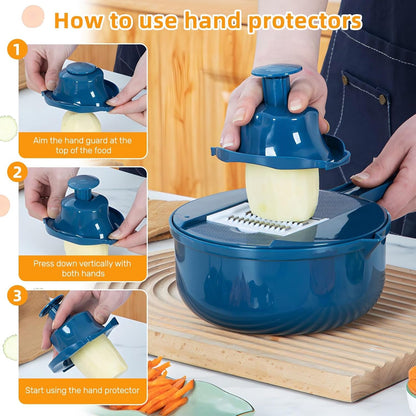 Vegetable and Cheese Grater Tool Set, Multifunction with Drain Basket, Vegetable Slicer, Mandolin Slicer, Chopper, Kitchen Gadget, Peeler and Shredder (Blue, 9 in
