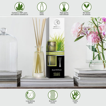 Reed Diffuser Lemongrass 100ml with Rattan Sticks - Room Diffuser - Home Fragrance - Aromatherapy Air Freshener - Scented Diffuser