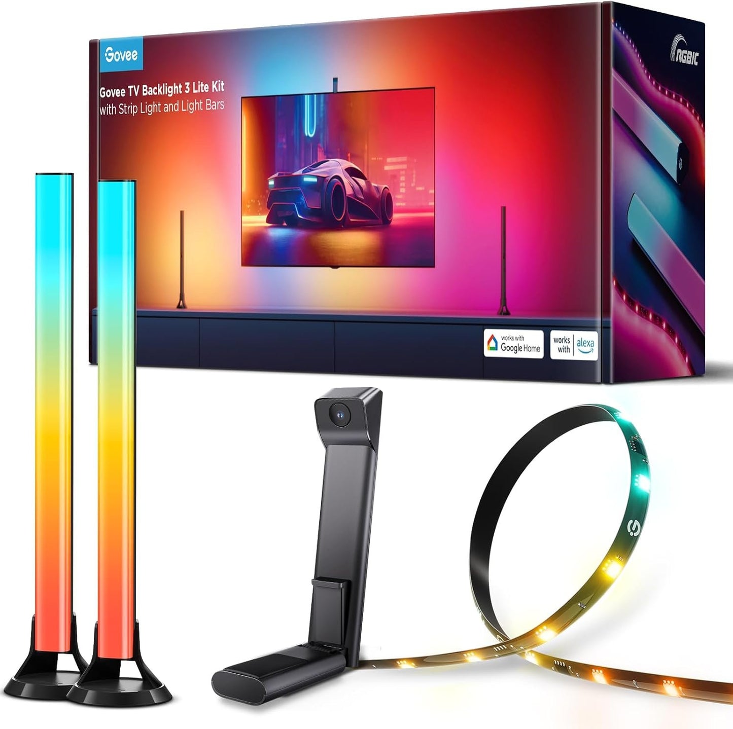 Govee TV Backlight 3 Lite Kit, 11.8ft RGBICW Wi-Fi TV LED Strip Light with Camera and 15 Inch Smart Light Bars with 4-in-1 Light Beads, LED Lights for 55-65 inch TVs - Works with Alexa & Google Home