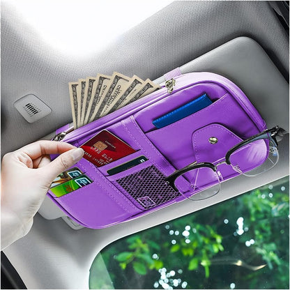 Car Sun Visor Organizer, Sunglass Holder and Storage Pocket, Card Cash Pouch with Multi-Pocket Net Zipper, Case Bag for License Pen Key, Auto Interior Accessories for Truck, SUV, Van (Purple)