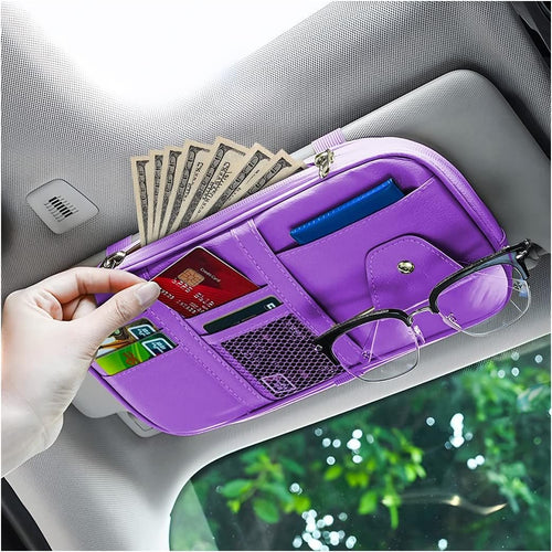 Car Sun Visor Organizer, Sunglass Holder and Storage Pocket, Card Cash Pouch with Multi-Pocket Net Zipper, Case Bag for License Pen Key, Auto Interior Accessories for Truck, SUV, Van (Purple)