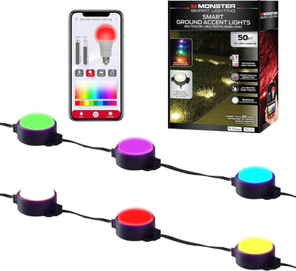 Monster Smart Outdoor Ground Accent RGB+IC+WW LED Lights, 50ft, 15 LEDs, Sound Reactive, Ground Stakes & Wall/Ceiling Mounts, Weather & IP44 Water Resistant, Works with Alexa, Siri, Google Home, App