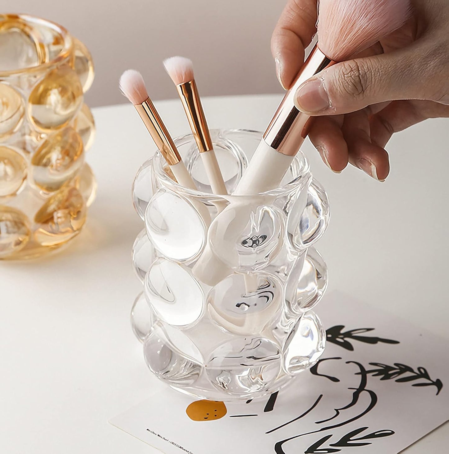 Pen Pencil Container Multi-Purpose Bubble Design Glassware Comb Makeup Brush Holder Office Desk Accessories Storage Cosmetic Tools Organizer Cup (Clear)