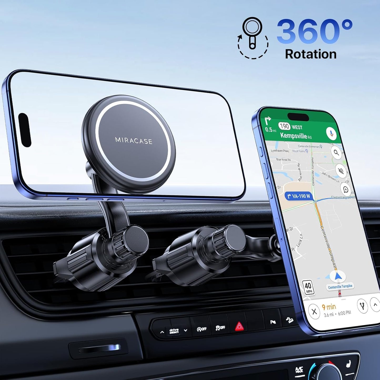 Miracase for MagSafe Car Mount, [Upgraded 20 Magnets] Super Stable Magnetic Phone Holder car, [360°Rotating] Extended Arm Car Phone Holder Compatible with iPhone 16 pro max 15 14 13 12 MagSafe Case