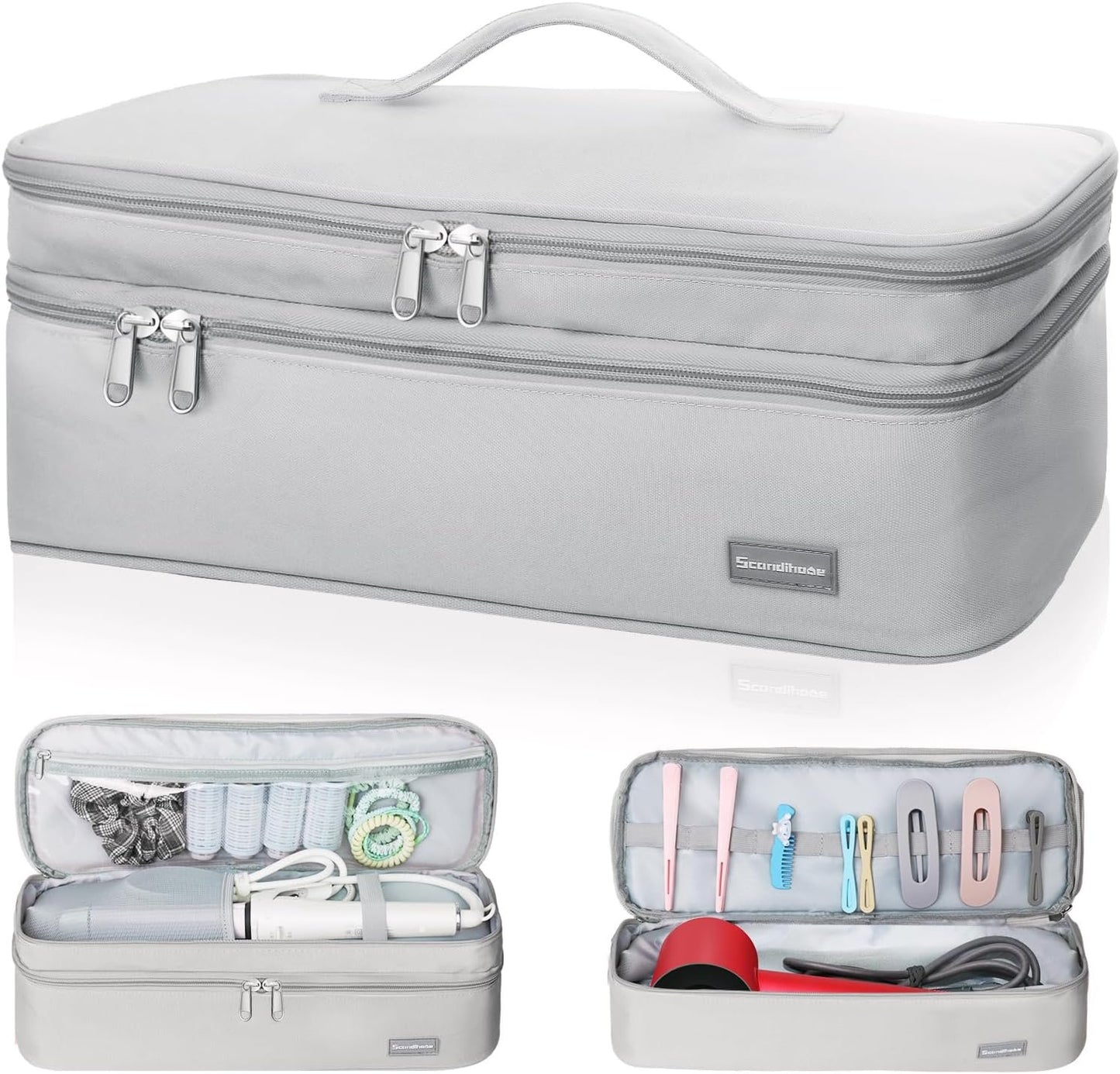 wigmoa K1-K Portable Double-Layer Storage Bag Compatible with Hair Dryer and Accessories - Travel Carrying Case for Hair Dryer, Volumizer, Styler, and Hot Tools. (Grey)