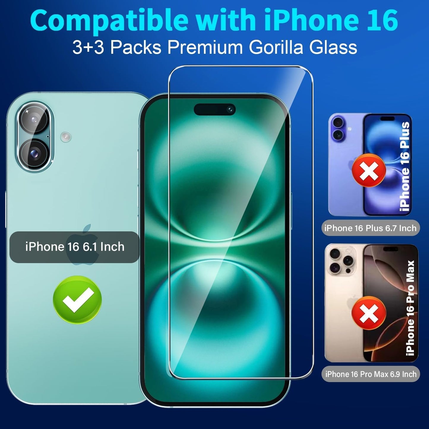 letosan [3+3 Pack] Screen Protector for iPhone 16 6.1-Inch, 9H Tempered Glass, HD Clear Case Friendly for iPhone 16 Glass Screen Protector