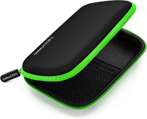 deleyCON Hard Drive Bag HDD Case for 2.5" Hard Drives and SSD - Robust and Shockproof - 2 Internal Compartments with Mesh Pockets - Green
