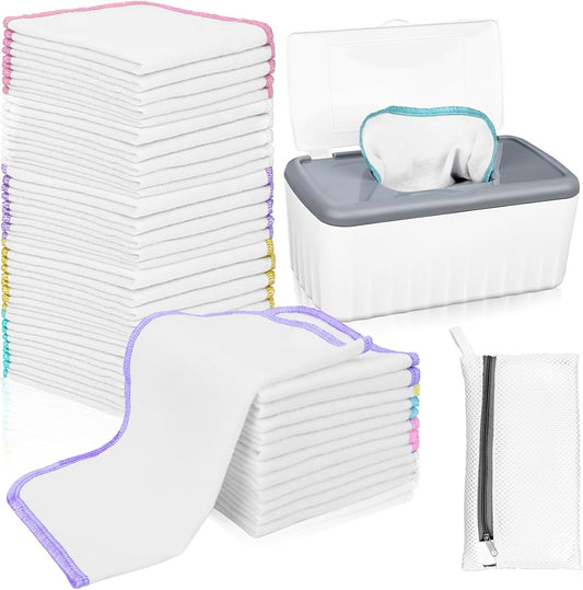 VAIPI 100 Pack Flannel Cloth Baby Wipes with Dispenser Reusable Baby Wipes Washable Natural Soft and Skin-Friendly Cloth Wipes Reusable Tissues Hand Washcloth for Cloth Diapers 8x8 Inch