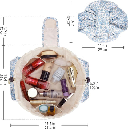 Barrel Drawstring Makeup Bag Large Cosmetic Bag Women Toiletry Organizer for Travel Toiletries Accessories Essentials（Little Blue Flower）