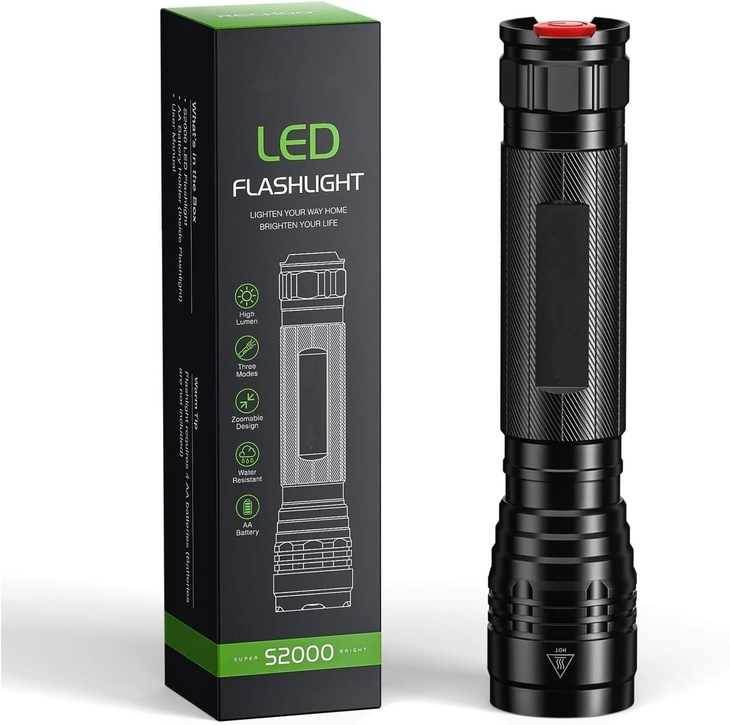 AHAORIGIN Powerful LED Torch Flashlight S2000, High-Powered 2000 High Lumens Torch with 3 Modes, Zoomable, Water Resistant Flashlight for Home, Camping, Emergency, Hiking, Outdoor