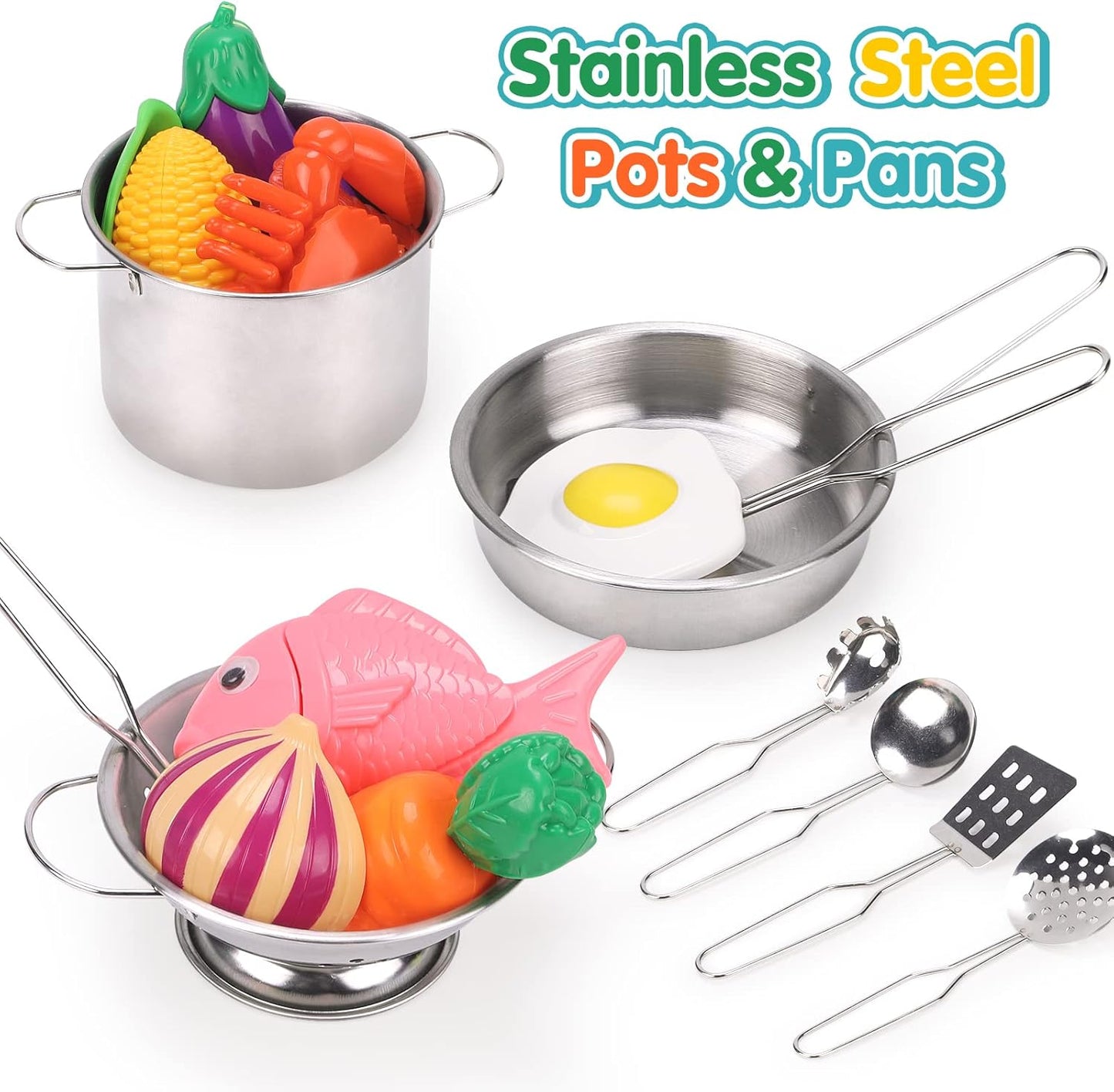 Qizebaby Kids Kitchen Pretend Play Toy Set with Stainless Steel Cookware, Cooking Utensils, Apron & Chef Hat, Cutting Fruits & Vegetables, Preschool Kitchen Play for Toddler Boys & Girls