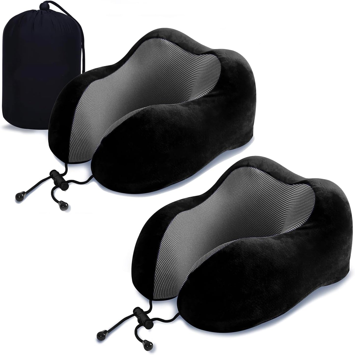 ZHCHG 2 Pack Travel Pillow, Best Memory Foam Neck Pillow for Airplane, Head Support Comfortable Pillow for Sleeping Rest, Train, Car & Home Use -Black