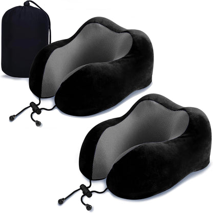 ZHCHG 2 Pack Travel Pillow, Best Memory Foam Neck Pillow for Airplane, Head Support Comfortable Pillow for Sleeping Rest, Train, Car & Home Use -Black