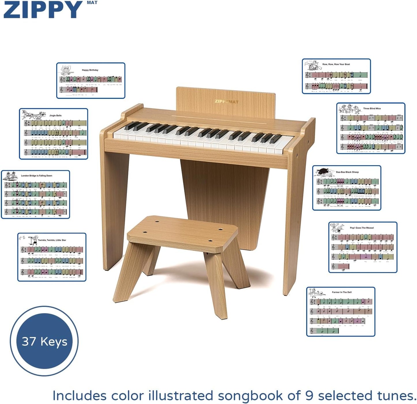 ZIPPY MAT Kids Keyboard, 37 Keys Digital Piano for Kids, Musical Educational Instrument, Wooden Piano for 3+ Girls and Boys (Oak Basic)