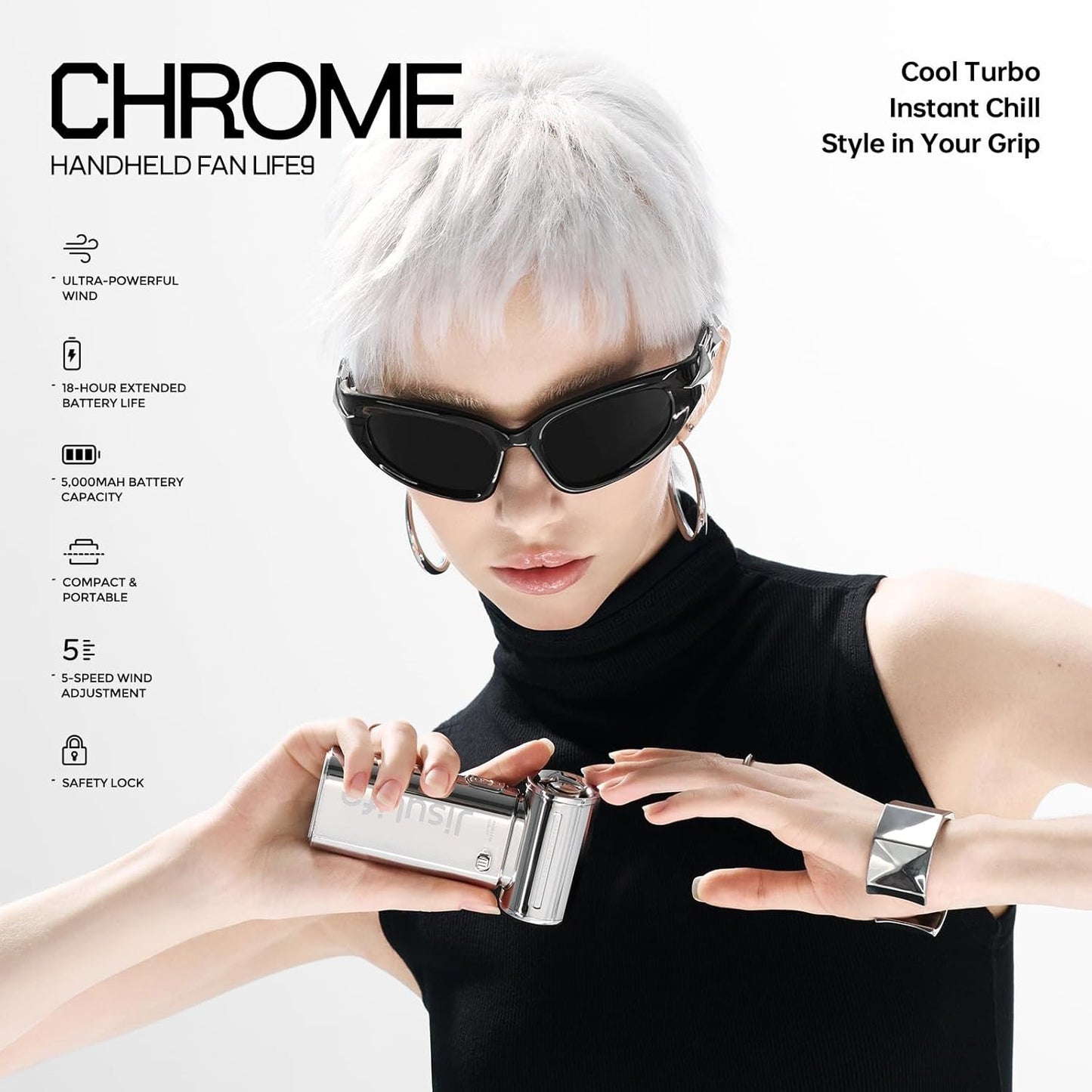 JISULIFE Portable Handheld Fan Life9, Turbo Power High Speed Air [18H Max Cooling Time], 5 Gear Wind, 5000mAh Rechargeable, Mini Pocket Design, Personal Fan for Travel Concerts Cruise Makeup - Chrome