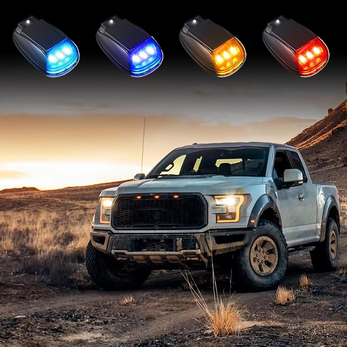 Solar Powered Cab Lights, Smart Sensing Led Roof Marker Lamps, 4 Pack Waterproof Exterior Mount Automotive Lighting Accessories for Trucks Motorcycles Vehicles Trailers Rvs