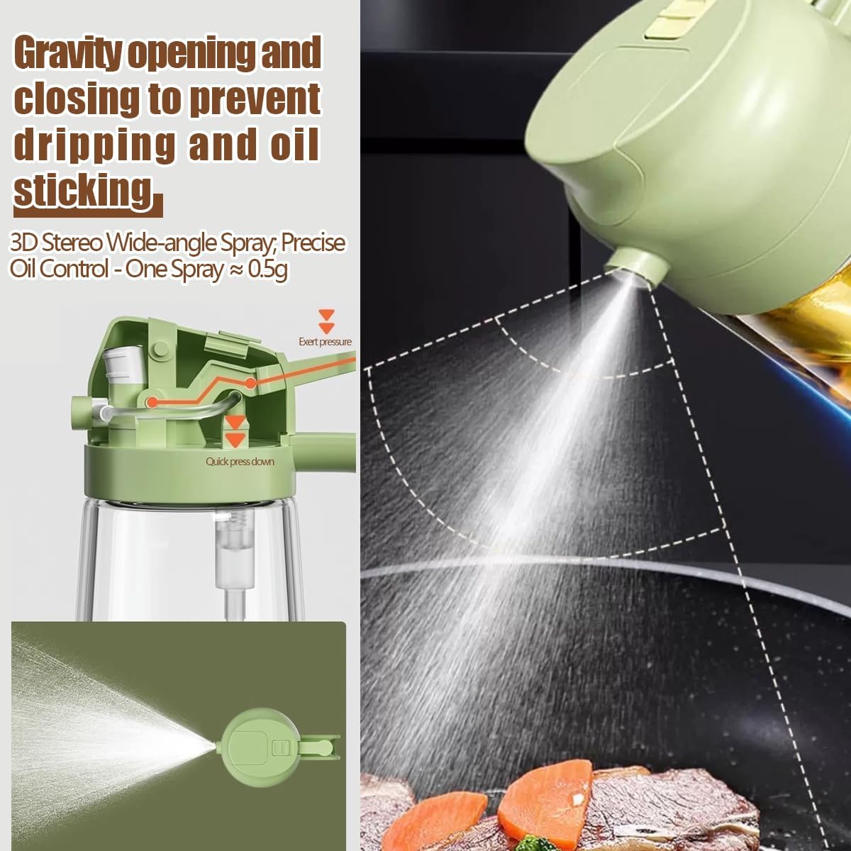 Blocking Light Dark Olive Oil Spray and Pour Bottle for Cooking 16oz/470ml Oil Dispenser for Kitchen 2in1 Dark Green Glass Kitchen Tools & Gadgets for Air Fryer, BBQ