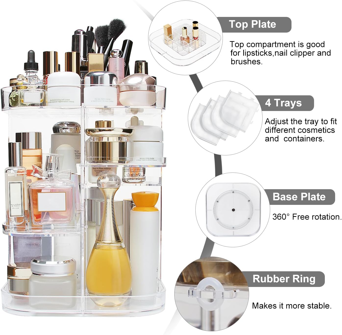 AMEITECH 360-Degree Makeup Organizer, DIY Adjustable Rotating Cosmetic Storage Carousel Spinning Holder Storage Rack with 5 Layers Large Capacity, Best for Countertop, Square
