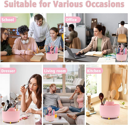 Pink Desk Accessories, UPIHO Rotating Pen Holder Set,Pink Office Supplies with Pink Stapler and Tape Dispenser Set, Gifts for Office Clerks,Student
