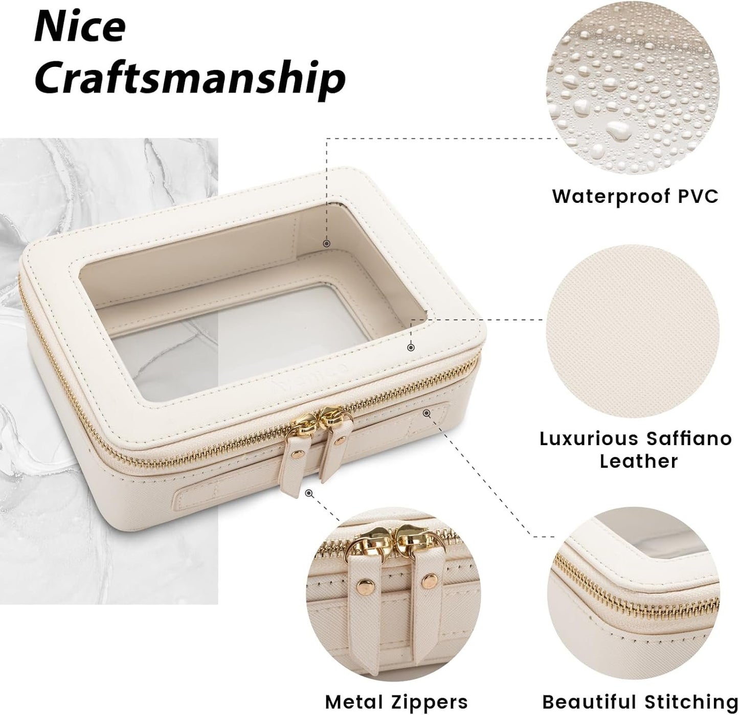 Makeup Bag for Women, Clear Cosmetic Bags Travel Toiletry Bag, Heavy Duty Makeup Organizer, Cute Makeup Case Bag Accessories with Clear Windows & Gold Zippers(White)