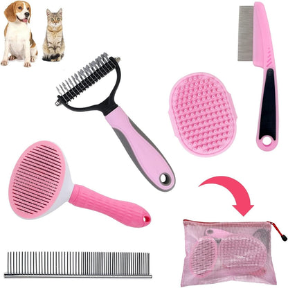 Dog Grooming Brush Shedding Kit - Dog Brush for Long Haired Dogs Short Haired Dogs, Dematting Comb for Dogs, Cat Hair Brush, Shedding and Flea Comb Kit Pink
