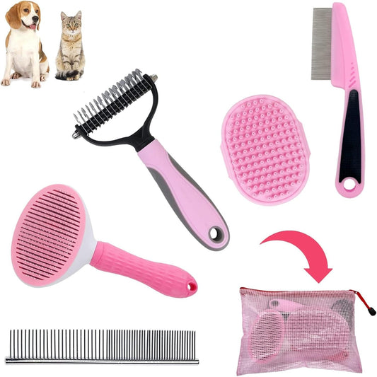 Dog Grooming Brush Shedding Kit - Dog Brush for Long Haired Dogs Short Haired Dogs, Dematting Comb for Dogs, Cat Hair Brush, Shedding and Flea Comb Kit Pink