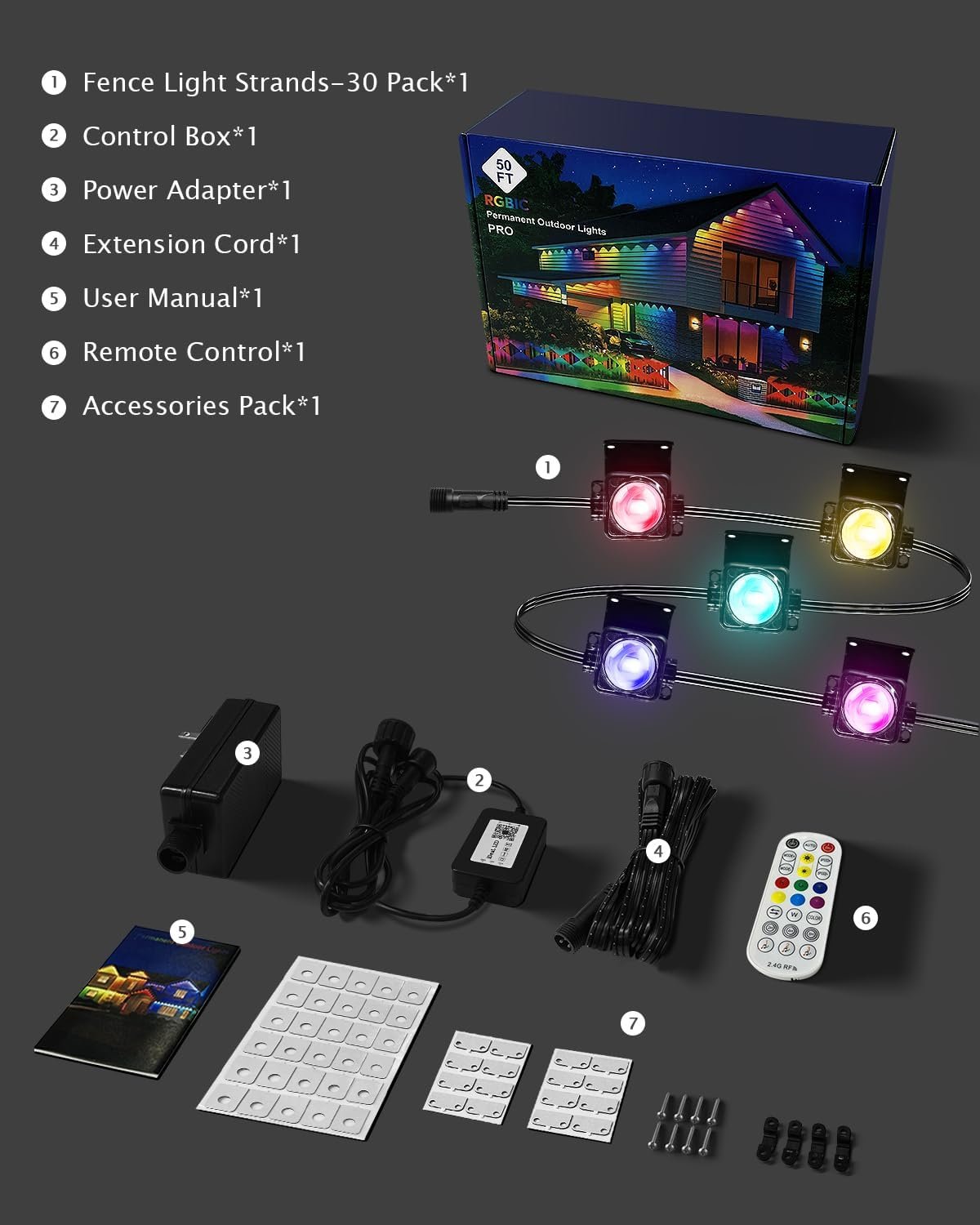 Outdoor Deck Lights,30 Pack Multicolor RGB IC Permanent Outdoor Light with 4000K White Light,IP67 Smart Fence Lights with Remote App Control,Christmas Light for Holiday Lighting,Wired