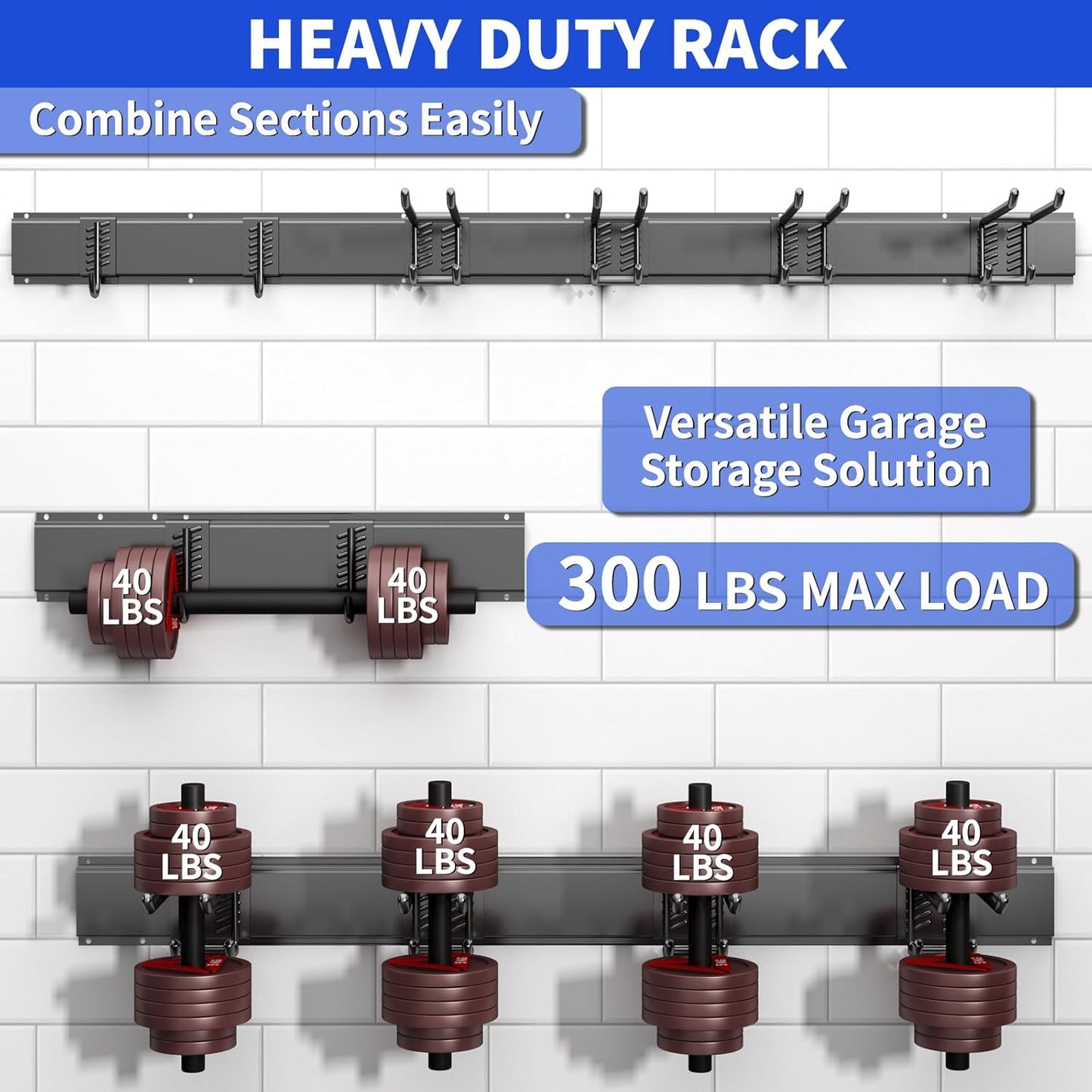 Garage Organization Tool Organizer Wall Mount, 32inch Heavy Duty Garden Tool Storage System, Easy Install With 6 Adjustable Hooks, For Home, Garage, Outdoor, Workshops (Black)