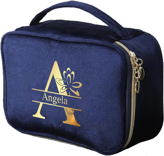 Kaululu Personalised Women's Makeup Bag Engraved with Birthday Flower and Name Travel Makeup Organizer Make Up Bag, #Blue, Simple