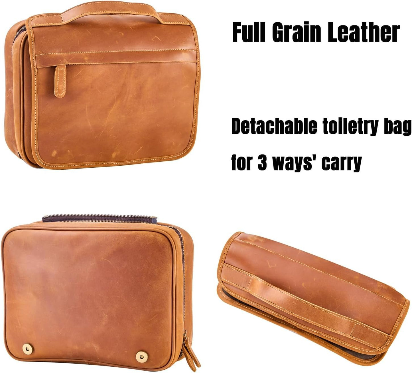 AGDHERSNVX Hanging Toiletry Bag for Men Women,Full Grain Genuine Leather Toiletry Bag for Travel,Makeup Cosmetic Case,Shaving Kit Bag,Hygiene Dopp Kit, Brown, Non-customized
