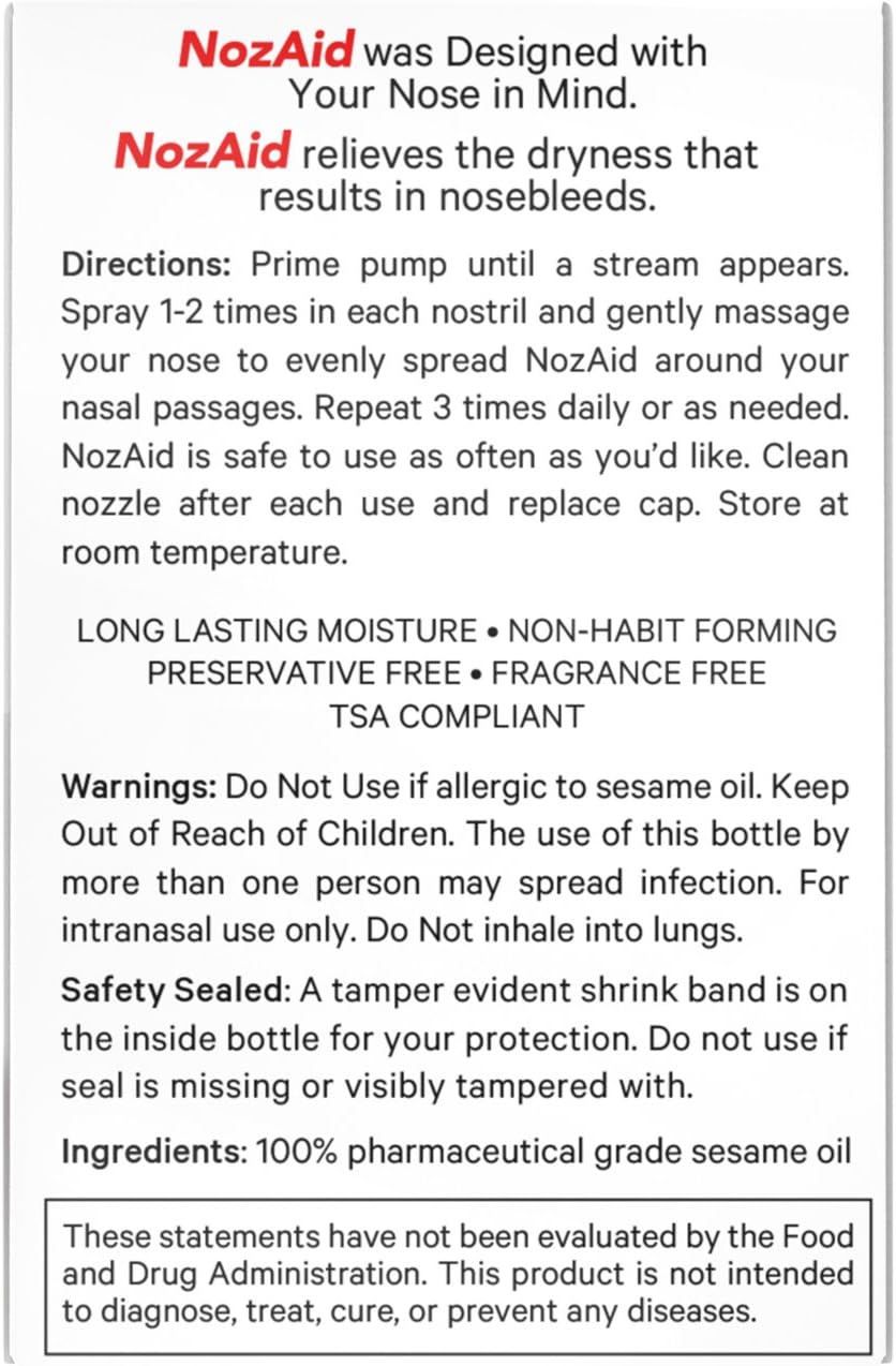 Nasal Moisturizer Spray w/Sesame Oil .34 oz Moisturizing Lubricant for Dry, Crusty, Cracked, Stuffy Nose Relief, Nosebleeds, Preservative Free by NozAid